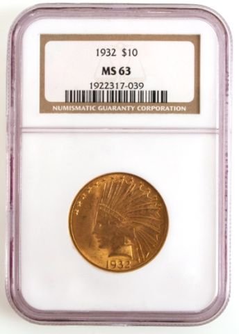 $10 INDIAN GOLD COIN 1932 NGC MS63