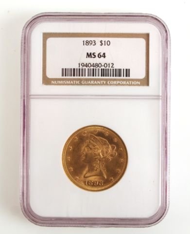 $10 LIBERTY GOLD COIN 1893 NGC MS64