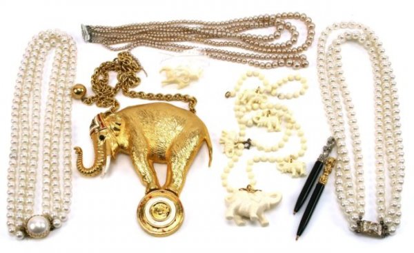 VINTAGE COSTUME JEWELRY ELEPHANT FAUX PEARL PENS