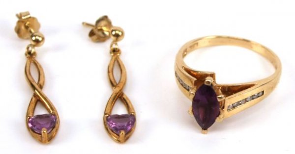 MATCHING GOLD & AMETHYST EARRINGS & RING