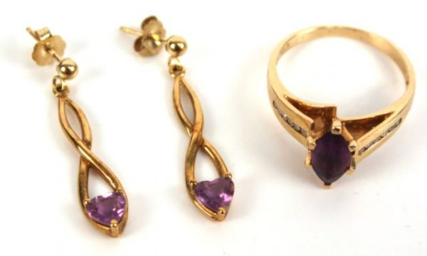 MATCHING GOLD & AMETHYST EARRINGS & RING - 2