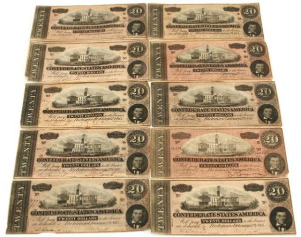 CONFEDERATE STATES NOTE LOT OF 10 UF/AU