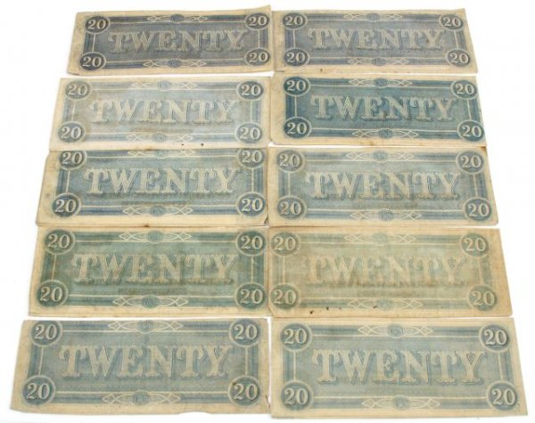 CONFEDERATE STATES NOTE LOT OF 10 UF/AU - 5