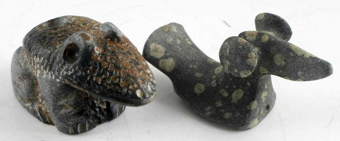 NATIVE AMERICAN POPEYE BIRDSTONE & FROG PIPE: Popeye birdstone from Dekalb Co. Indiana. Measures 4.25 inches by 1.25 inches by 2 inches. Frog pipe from Ohio. Measures 3.75 inches by 2 inches by 3.75 inches. Both in very good condition. Unauthenti
