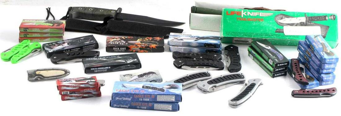 LOT OF 40 POCKET KNIVES TOOL KNIVES BOWIE KNIVES: Highlights include: one TAC Assault bowie knife with cloth case, LifeKnife trailmaster, SAR Tactical pocket knife, Delta Command II pocket knife. Variable conditions. Some in boxes and some loose.
