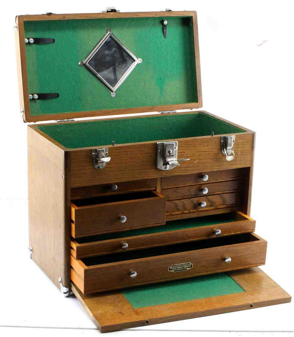 GERSTNER AND SONS WOOD MECHANIC TOOL BOX 7 DRAWER: Gerstner and Sons Wooden Mechanic Tool Box with 7 Drawers. Measures 16 by 13 by 8 inches. Some scratches due to wear and age. Brown leather handle for carrying. "KY55" marked on the lock. Very good co