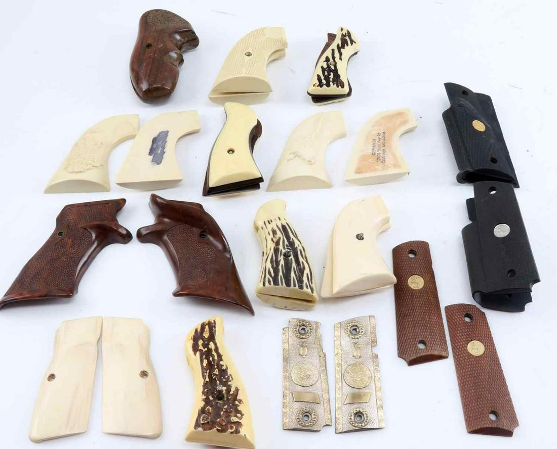 LOT OF 15 PRS OF COLT BROWNING AFTER MARKET GRIPS: Lot includes: 1 pair of after market Browning Hi Power, 1 pair of after market Colt Woodsman, 3 pairs of Colt factory 1911 (1 wood, 2 rubber), 1 pair of Colt .380 metal grips, 4 pairs of Colt SAA synt