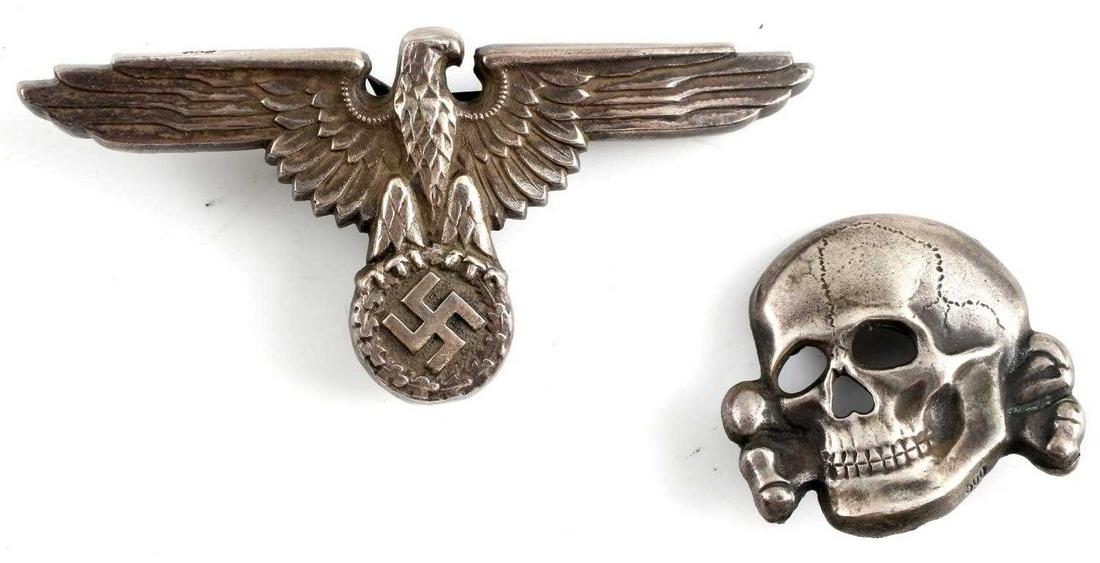 WWII GERMAN 3RD REICH WAFFEN SS CAP EAGLE & SKULL: WWII German Third Reich Waffen SS Cap Eagle and Skull. Eagle is marked "800" for silver and has a makers mark of "RZM M1/17". The Skull has a makers mark of "RZM M1/52". Each item has two horizontal p