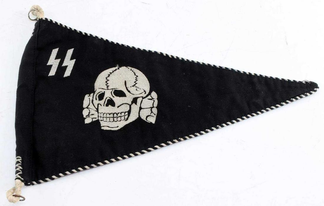 WWII GERMAN 3RD REICH WAFFEN SS TOTENKOPF PENNANT: WWII German Third Reich Waffen SS Totenkopf Pennant. Measures 14 by 9 inches. Double sided with SS runes and Totenkopf. Alternating black/white piping on each side. Has four panel reinforcement sewn t