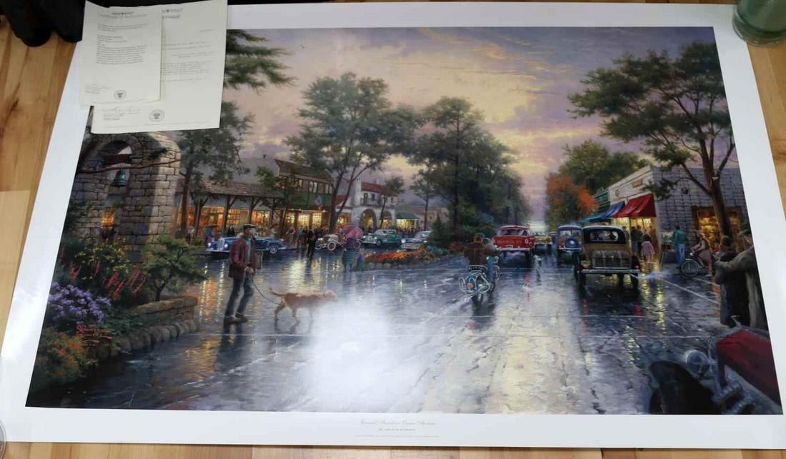 THOMAS KINKAID SIGNED LITHOGRAPH W PARK WEST COA: "Carmel, Sunset on Ocean Avenue" by Thomas Kincaid, signed with artist's DNA matrix signature authentication system. Park West COA registration no. 339852.2319. Numbered offset lithograph on premium p
