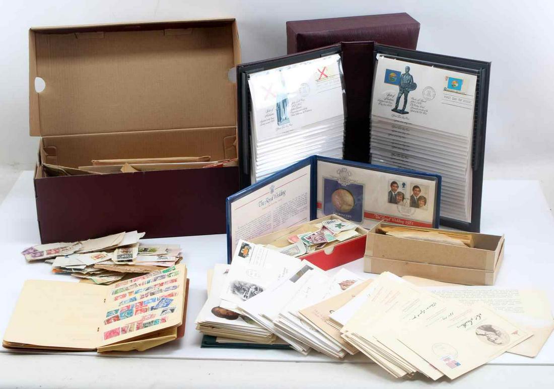 1981 ROYAL WEDDING STAMP & FLAGS OF US STAMP ALBUM: The Royal Wedding Crown Coin First Day Cover July 22, 1981, in very good condition. Approximately 50 loose U.S. Postage FDC commemorative envelopes covering mainly 1979, in good condition. Fleetwood F
