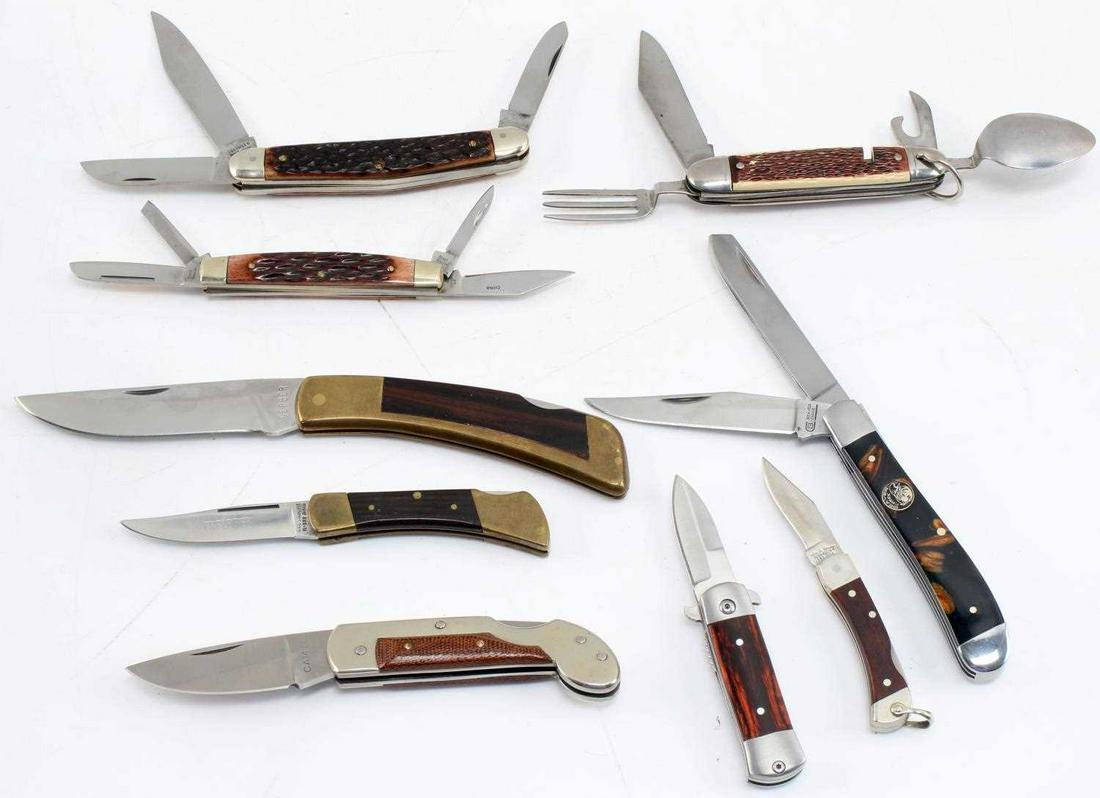.WOOD GRIP FOLDING POCKET KNIFE LOT OF 9: Wooden Grip Folding Pocket Knife Lot of 9. Lot includes Gerber, Schrade, Beaver Creek, Steel Warrior and Colonial. The lot is in very good condition.