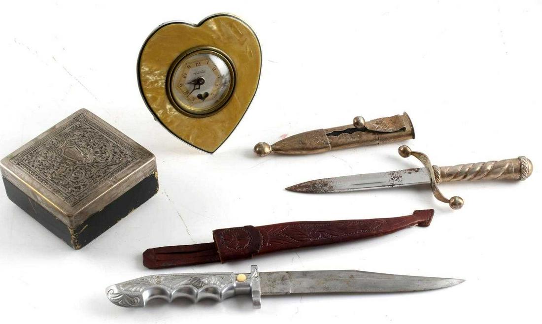SMALL LOT OF VINTAGE TO ANTIQUE ITEMS CLOCK KNIFE: Small heart shaped clock. Measures 4.75 inches by 4.25 inches. Not working. Small trinket box. Measures 3.5 inches by 3.5 inches by 1.5 inches. Small knife measuring 8.25 inches overall with 4.75 inch
