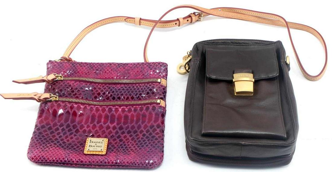 DOONEY AND BOURKE PERLINA LEATHER PURSE LOT: Pre owned and in good condition, Dooney and Bourke cross body purse and a Perlina traveler purse.