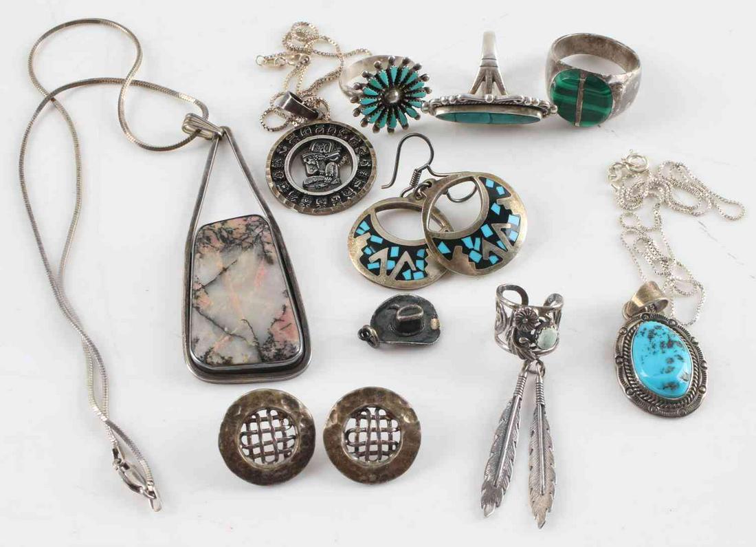 NATIVE AMERICAN SOUTHWESTERN STERLING JEWELRY: Sterling silver jewelry . Rings: sizes 11, 7 & 8. Stones featured Moss Agate, Turquoise and Malachite. All tested 925 some signed. Total weight 102 grams.