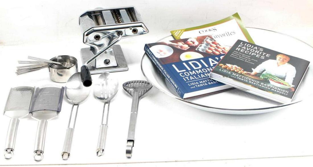 MARCATO ITALIAN PASTA MAKER W STAINLESS UTENSILS: Great pasta makers lot with large white enamels metal serving platter, stainless steel utensils, hand cheese grater/slicer, measuring cups and homemade pasta maker.