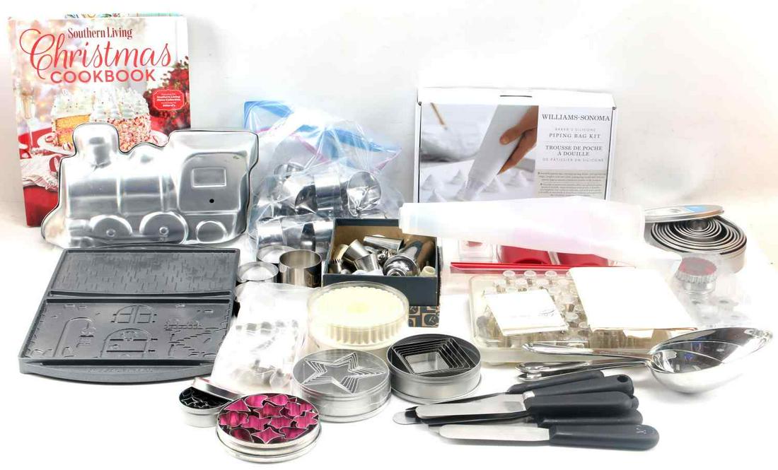 CHRISTMAS COOKIE BAKING ACCESSORIES & PASTRY RINGS: Holiday themed cookie and cake molds, several cookie cutters, Williams Sonoma piping kit, butter and icing knives, Paderno pastry and mousse rings, four sets of Ateco cutters, three All Clad measuring