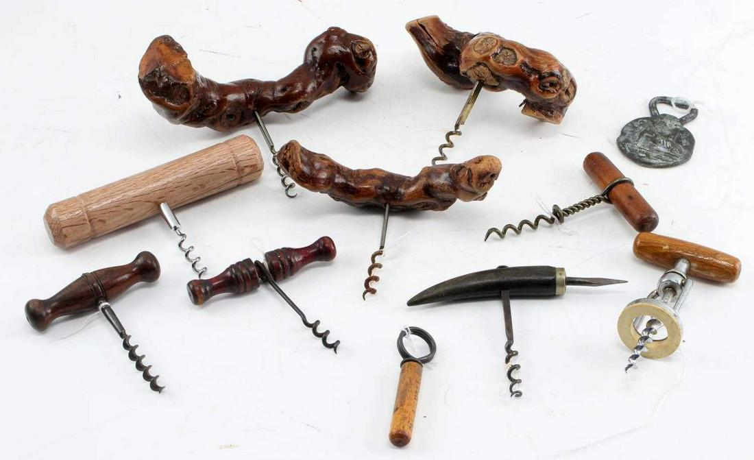 LOT ROOT & HORN & ADVERTISING ANTIQUE CORKSCREWS: Lot of 10 corkscrews and wine bottle openers: Three handmade French grapevine burl wood root handle corkscrew wine bottle openers measuring 5, 6, and 6.5 inches respectively, One wooden handle brass w