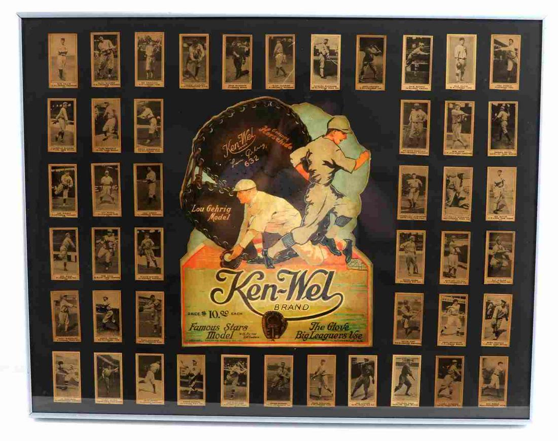 KEN-WEL FRAMED ADVERTISEMENT AND BASEBALL CARDS: Ken-Wel Brand Framed Advertisement and Baseball cards. Lot includes one Ken-Wel Lou Gehrig model Advertisement and 46 cards. The frame measures 28 by 22 inches. Lot can be removed from frame due to sh