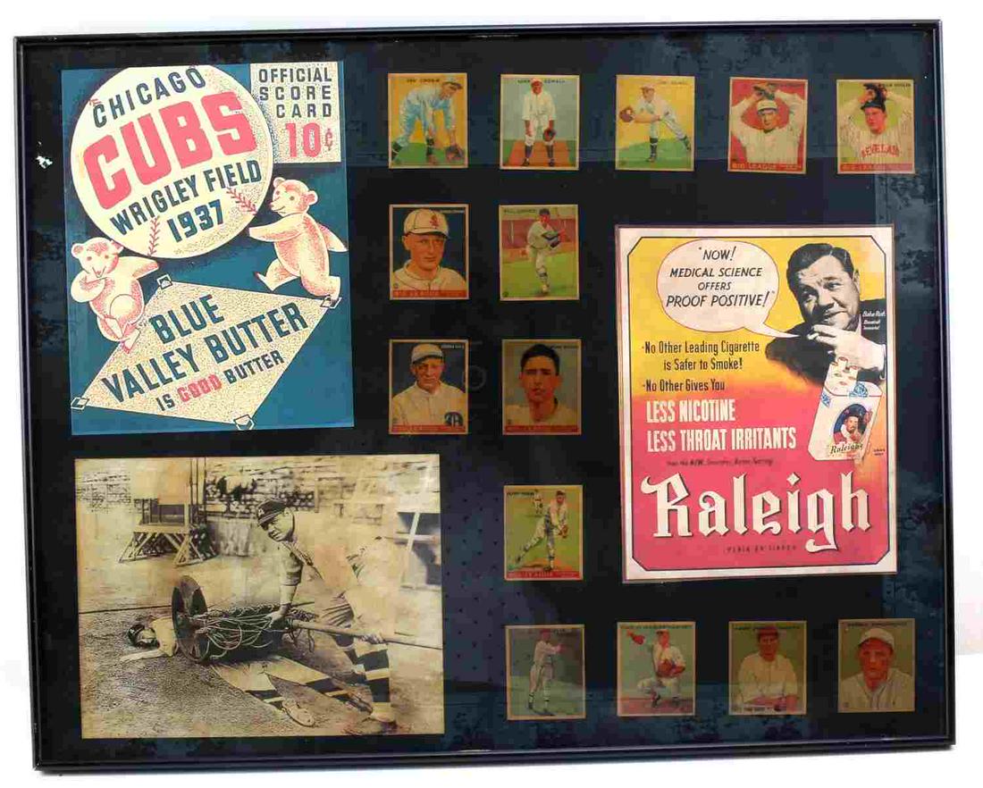 VINTAGE BASEBALL FRAMED PRINT OUT AND CARD LOT: Vintage Baseball Framed Print Outs and Card Lot. Cut outs include a Babe Ruth Raleigh Cigarette Ad, Blue Valley Butter and Chicago Cubs partnership Ad, 14 baseball cards. Very good condition