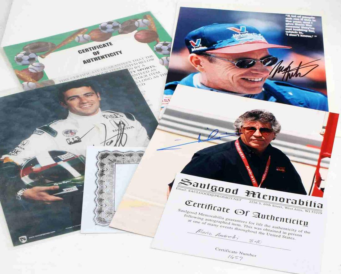NASCAR GREATS AUTOGRAPH PHOTO LOT OF 4: Signed photos of Mario Andretti, Mark Martin, Dario Franchitti, and Gil de Ferran. Each has a Certificate of Authenticity.