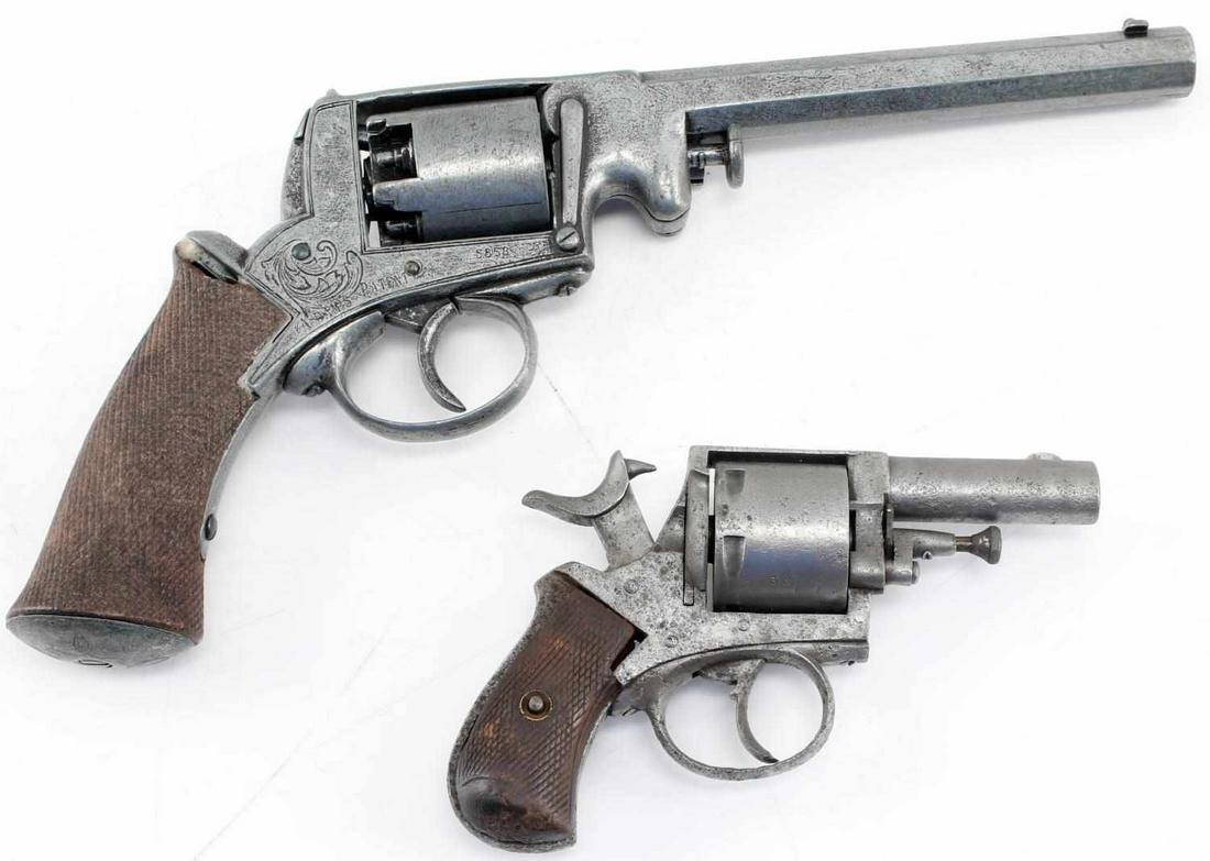 ADAMS PATENT REPLICA & ANTIQUE BRITISH BULLDOG: Adam's revolver has a 6.75 inch octagon barrel that is plugged, engraving on frame, Adam's patent and serial number 5858. The .32 cal British bulldog has a 2.5 inch barrel with oxidized bore, maker ma