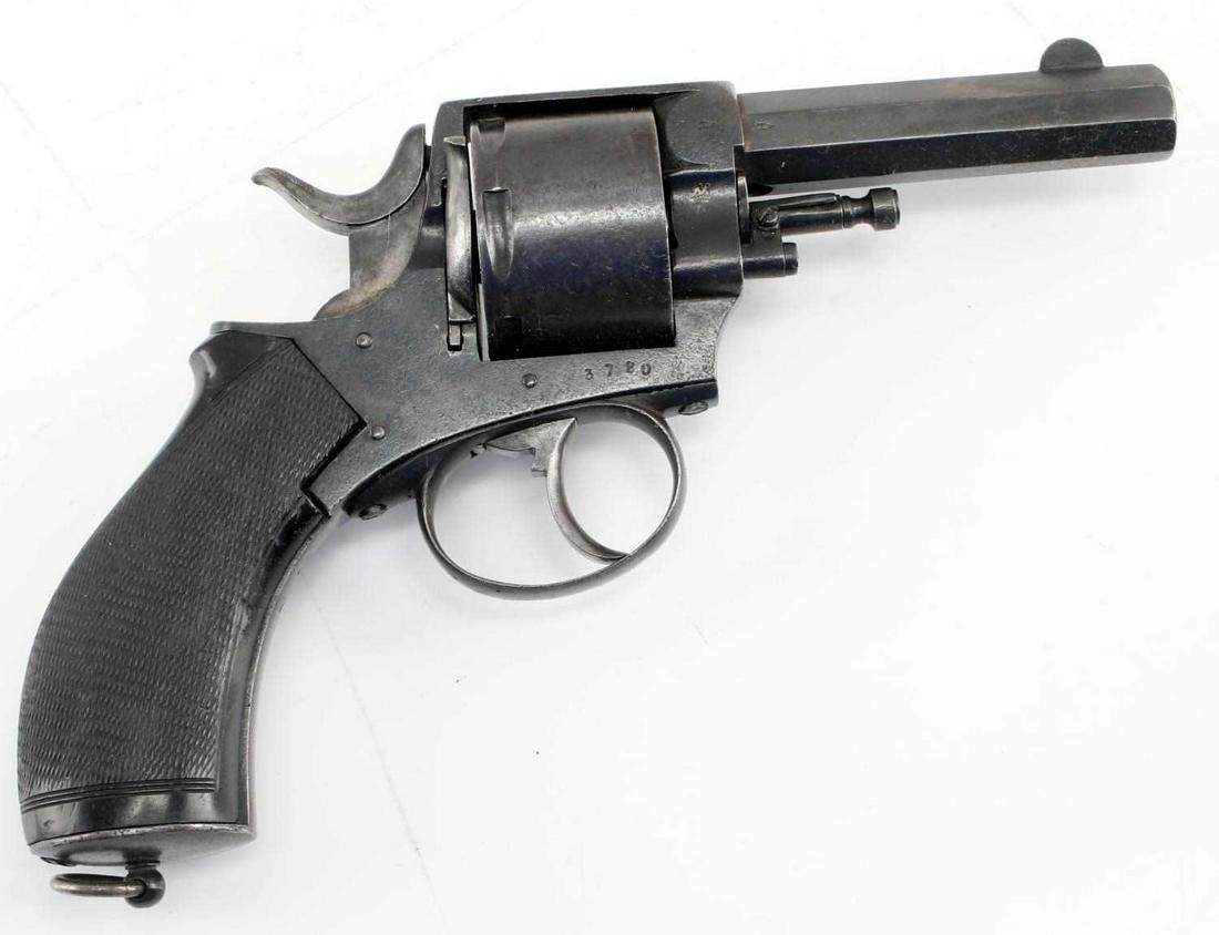 DEMILITARIZED BELGIAN BRITISH DA REVOLVER .44 CAL: Features a 3 5/8 inch octagon barrel with oxidized bore, proof marks and serial no. marked to right side, bakelite grips, lanyard ring to butt. Plugged at cylinder. For display only. Good condition. C