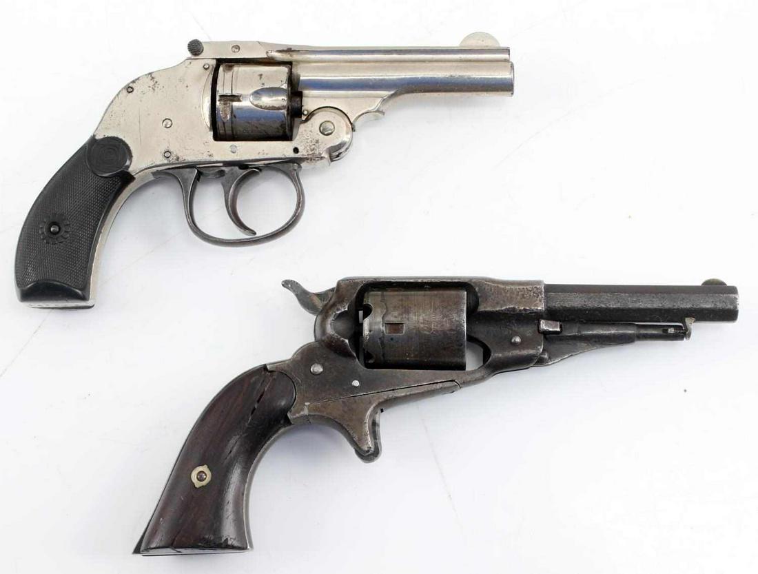 LOT OF 2 ANTIQUE REVOLVERS REMINGTON & H&R .32 CF: One Civil War Remington pocket revolver in .32 cal, 3.5 inch barrel and brown patina, cracks in wood grips. One top break H&R nickel finish .32 caliber revolver, 1895 patent date to top, serial no. to