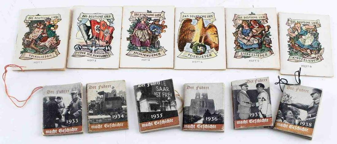 WWII THIRD REICH GERMAN MINI BOOKS PROPAGANDA: Set of 12 mini books: one for each year 1933-1938 measuring 2 inches by 1.25 inches, and six song books of German language songs measuring 3 inches by 2 inches that had been approved by the NSDAP part