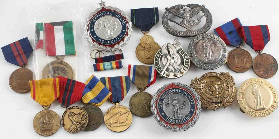 LOT OF 19 AMERICAN MEDALS RIBBON BARS & PINS: Multiple campaign restrike medals including Haitian, Dominican, Spanish and others. Two ribbon bars. Seven large pins.