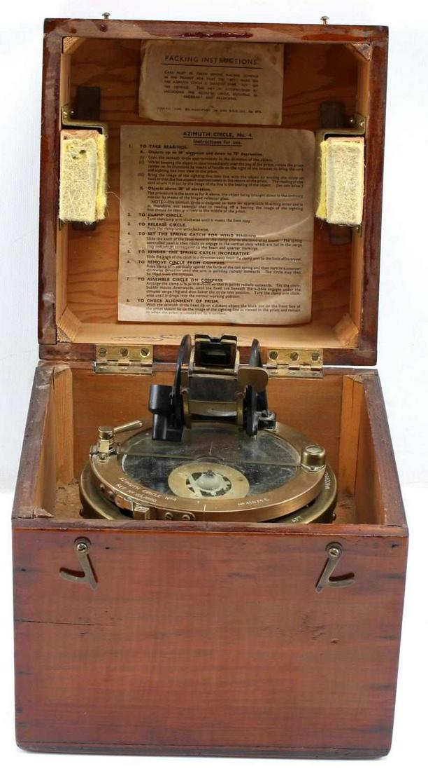 WWII AZMUTH CIRCLE COMPASS WOODEN BOX TYPE P8 1941: One Air Ministry issued Azmuth circle compass No. 4, 6A/890, as used by WWII navigators in Bomber Command, type P8, number 41874 E., 6 inches in diameter, in wooden box with instructions pasted inside