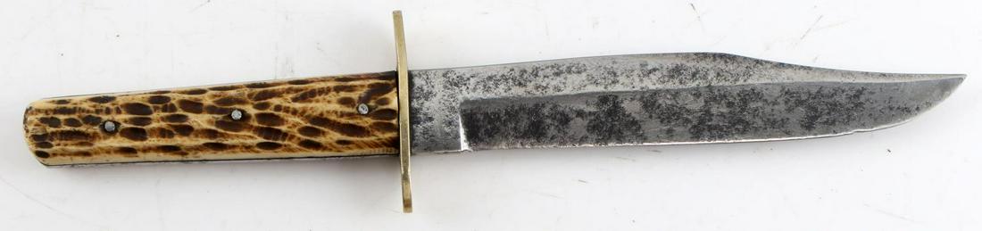 19TH CENTURY ALLEN AND SONS SHEFFIELD BOWIE KNIFE: 19th Century Allen and Sons Sheffield Bowie Knife. The handle is made of stag. The blade measures 6 inches, the entire knife measures 10 inches. Makers mark of "Joseph Allen & Sons Sheffield, England"