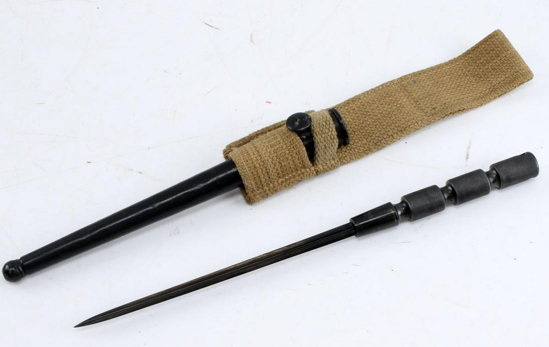 WWII BRITISH MK2 SPIKE BAYONET KNIFE WITH SCABBARD: WWII British Spike Bayonet Knife. The blade measures 6.5 inches, entire knife measures 11 inches. Comes with scabbard. Scabbard is stamped No. 4 MK2. Very good condition.