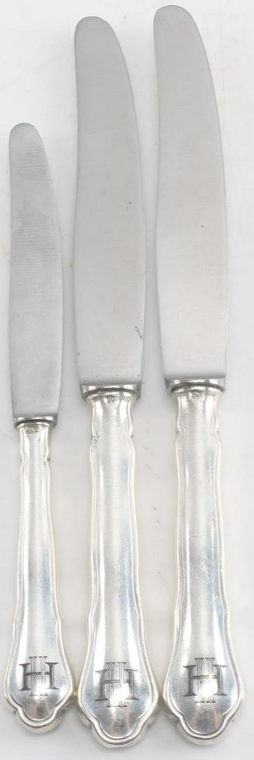 WWII THIRD REICH HEINRICH HIMMLER SILVER KNIVES: One butter knife and 2 dinner knives marked "Rustfree" with the initials of Heinrich Himmler on the end of the handle. All three are marked 800 silver, and test for silver. The initials are somewhat f