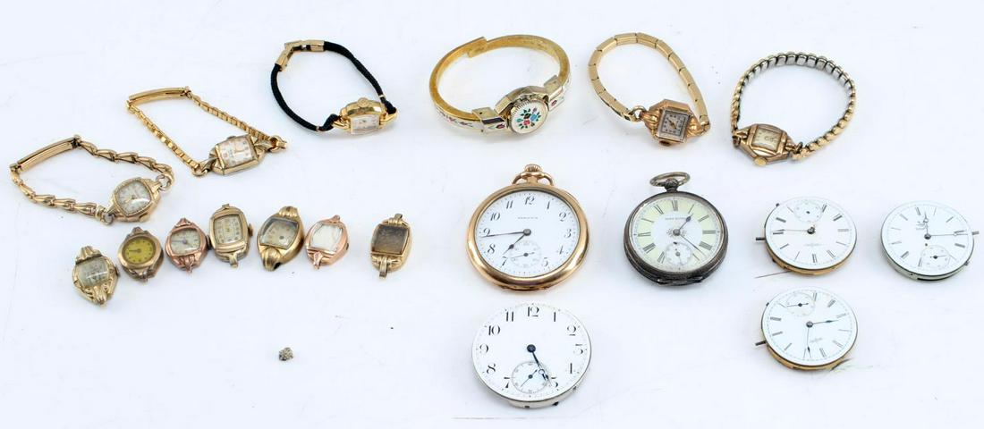 ANTIQUE & VINTAGE LADIES WRISTWATCH & POCKETWATCH: Includes 2 non working complete pocketwatches, a Hamilton 910 and a Sans Rival .800 silver case, 3 Elgin movements and 1 Waltham , also a grouping of working and non working ladies watches, to include