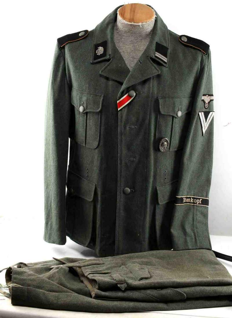 WWII GERMAN THIRD REICH SS TOTENKOPF M40 UNIFORM: WWII German M40 wool uniform from the 3rd SS Panzer Division "Totenkopf". Tunic includes 1936-style bottle green collar, Totenkopf collar tab, SS-Rottenführer collar tab and rank insignia patch, Reic