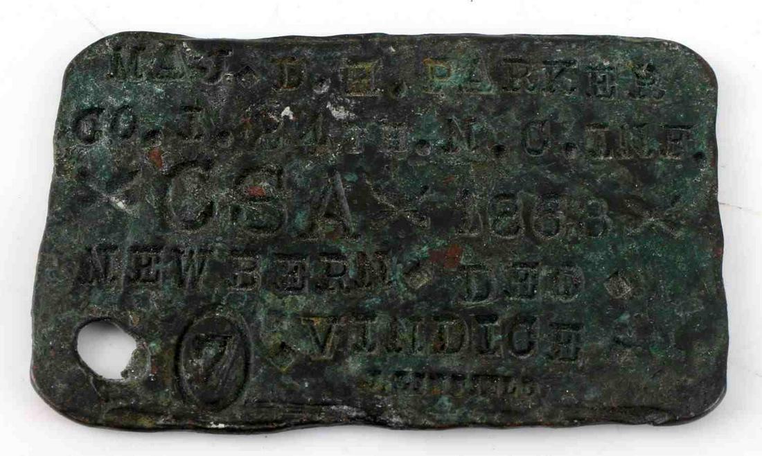 US CIVIL WAR CSA IDENTIFICATION BADGE IN COPPER: US Civil War CSA Identification Badge Made of Copper. Measures 2.75 by 1.75 inches. Inscribed "Maj. D.E. Parker 24th NC x CSA x 1863 x New Bern DEO VINDICE". The tag is heavily oxidized due to age. Ve