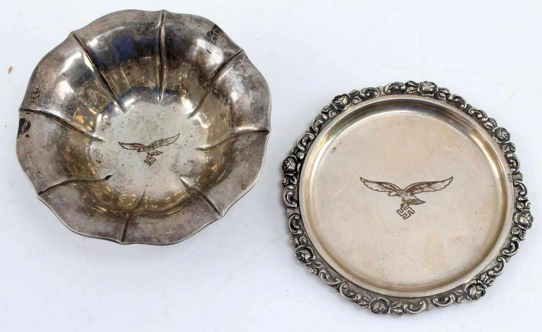WWII THIRD REICH SILVER LUFTWAFFE PILOT MESS BOWL: WWII German Third Reich Luftwaffe Pilot Dining Bowl and Appetizer Plate. Bowl is marked "800" for silver. Pleate is marked "800" on the outer rim. Plate measures 4.5 inches in diameter. Bowl measures 