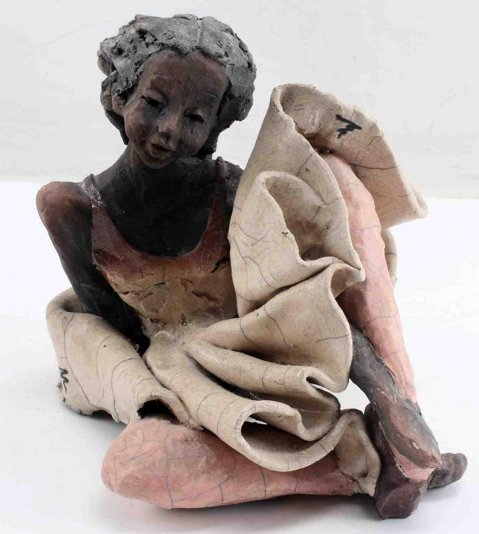 CONTEMPORARY FIGURATIVE BALLERINA DANCER SCULPTURE: Signed McJ '89. Plaster cloth sculpted female dancer, primarily matte finish. Height 8 inches, width 7 inches, length 7 inches weight 4 pounds.