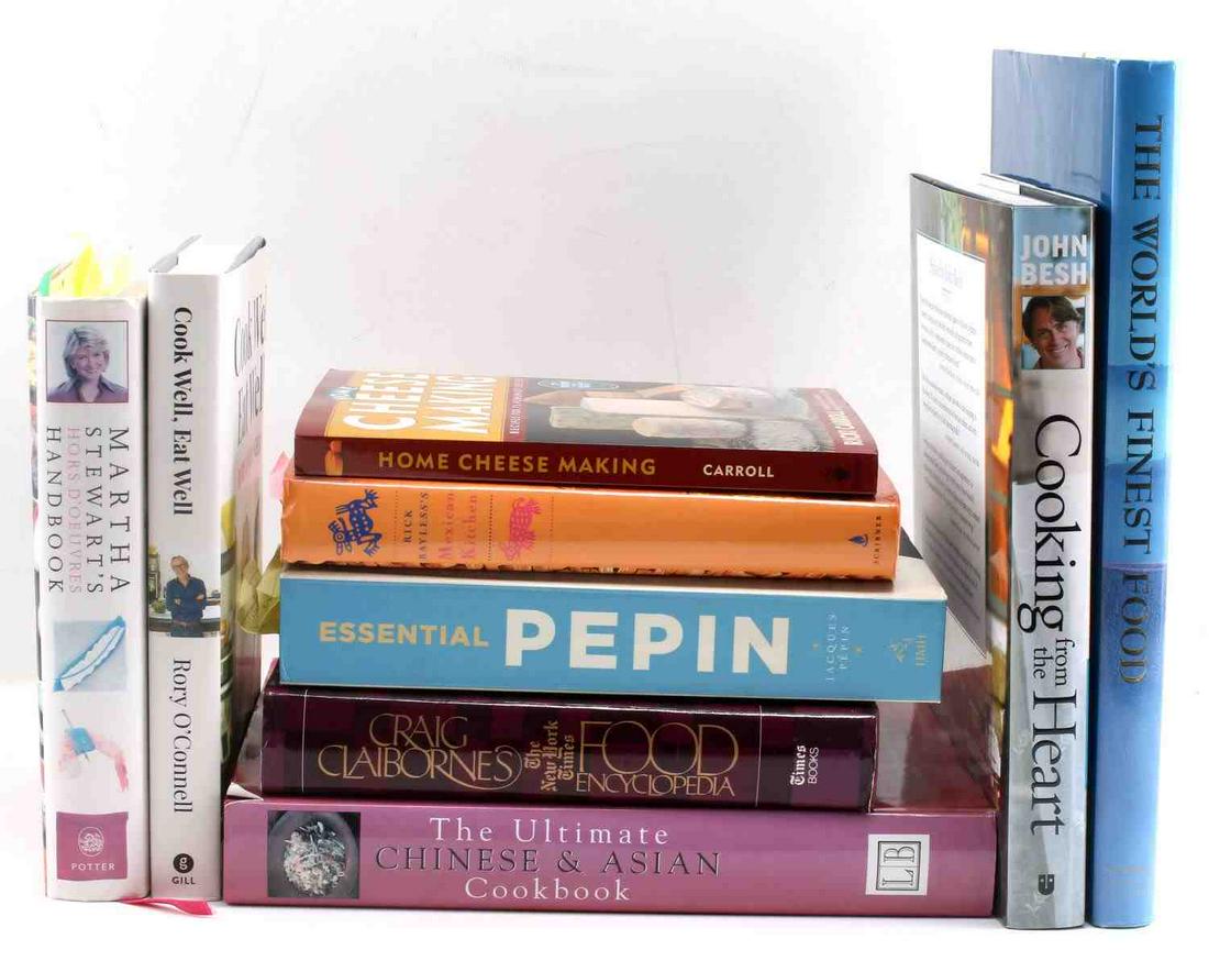 LOT OF 9 COOKBOOKS STEWART PEPIN BESH O CONNELL: Titles include: Rick Bayless's Mexican Kitchen, Craig Claibornes Food Encyclopedia, Essential Pepin, Home Cheese Making, Martha Stewart's Hors D' Oeuvres Handbook, Cooking from the Heart by John Besh,
