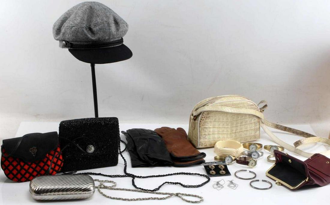 VINTAGE & NEWER PURSES GLOVES HAT & JEWELRY: Four nice purses including Cul de Sac, La Regale, Charles Jourdan, Bloomingdales for Italy. St. Thomas wallet. Two pairs leather and cashmere size 7 gloves. Size small Brixton hat. Resin bracelet. Thr