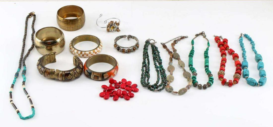 CORAL TURQUOISE MALACHITE BOHO TRIBAL JEWELRY: Great Boho jewelry lot with natural stones like turquoise, coral and malachite. Brass, bone and tigers eye bangles. This lot has a reserve.