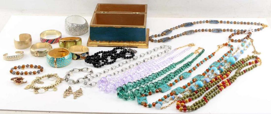 DESIGNER COSTUME JEWELRY LOT W TREASURE BOX: Joan Rivers, LC, Spartina, Erwin Pearl, Lisner and Lucky Brand. All in very good condition. Wear or resale. This lot has a reserve.
