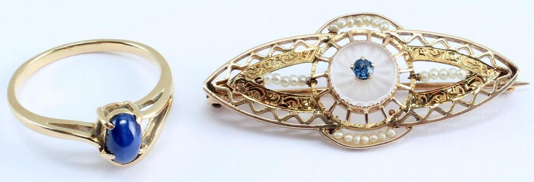 2 GOLD PIECES STAR SAPPHIRE RING & ANTIQUE BROOCH: 14K yellow gold ring with oval blue star sapphire (5X3 mm), weighs 2.1 grams, size 6.5. 10K yellow gold brooch has reticulated design with tiny blue stone to center and tiny pearl like beads to each s