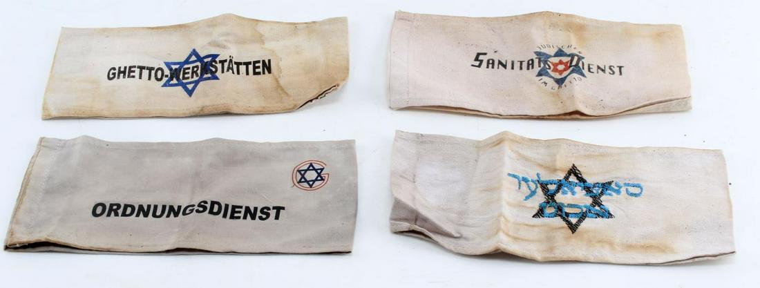 WWII THIRD REICH GERMAN JEWISH GHETTO ARMBANDS: Set of four armbands from Holocaust period: One Polish ghetto armband, Ordnungsdienst (code enforcement), Sanitatsdienst (Medic services), Ghetto Workshop. Unauthenticated, sold as is. This lot has a 