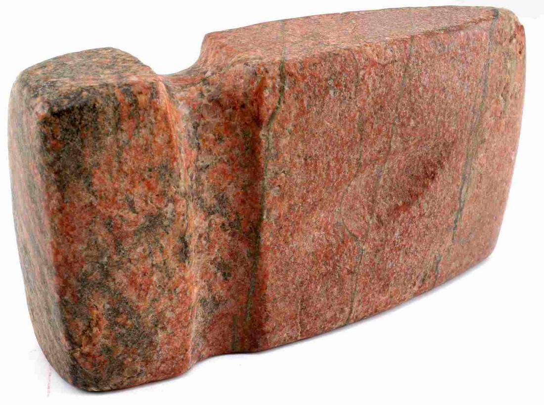 NATIVE AMERICAN 7 INCH 3/4 GROOVE STONE AXE HEAD: Width 4 inches, Length 7 1/4 inches, Missouri/ Illinois region hard stone axe head. 6cm x 2.5cm indentation on one side face with a 2cm x 1.2cm chip on the the edge of the other side.