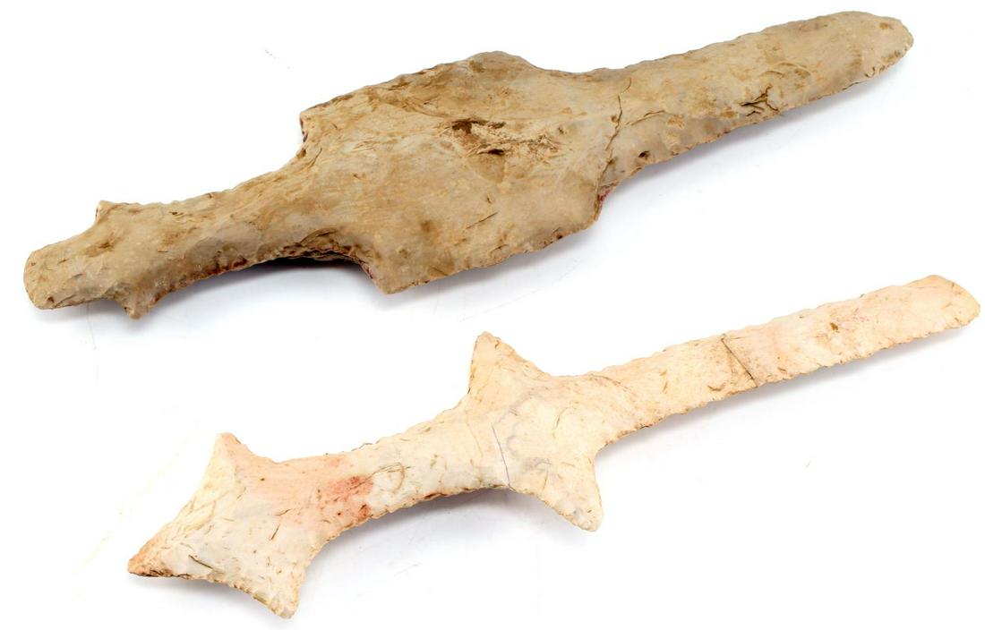 MISSISSIPIAN CULTURE CEREMONIAL MACE: Each display good debitage, The thinner tri tipped mace has a repair along shaft. Lengths are 13 inches, southeastern pink chert and 14 1/2 inches, flint chert.