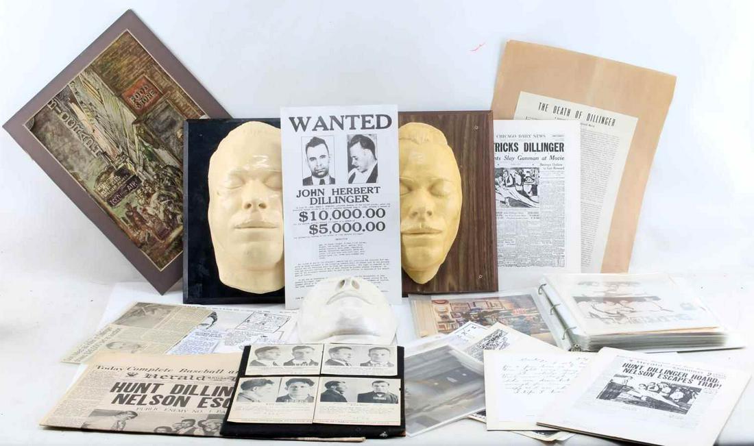 JOHN DILLINGER DEATH MASKS & ARCHIVE DOCUMENTS: Excellent group of artifacts, documents and ephemera related to the criminal career and violent death of notorious bank robber JOHN DILLINGER (1903-1934). Includes: A plaster death mask, approx. 11 1/
