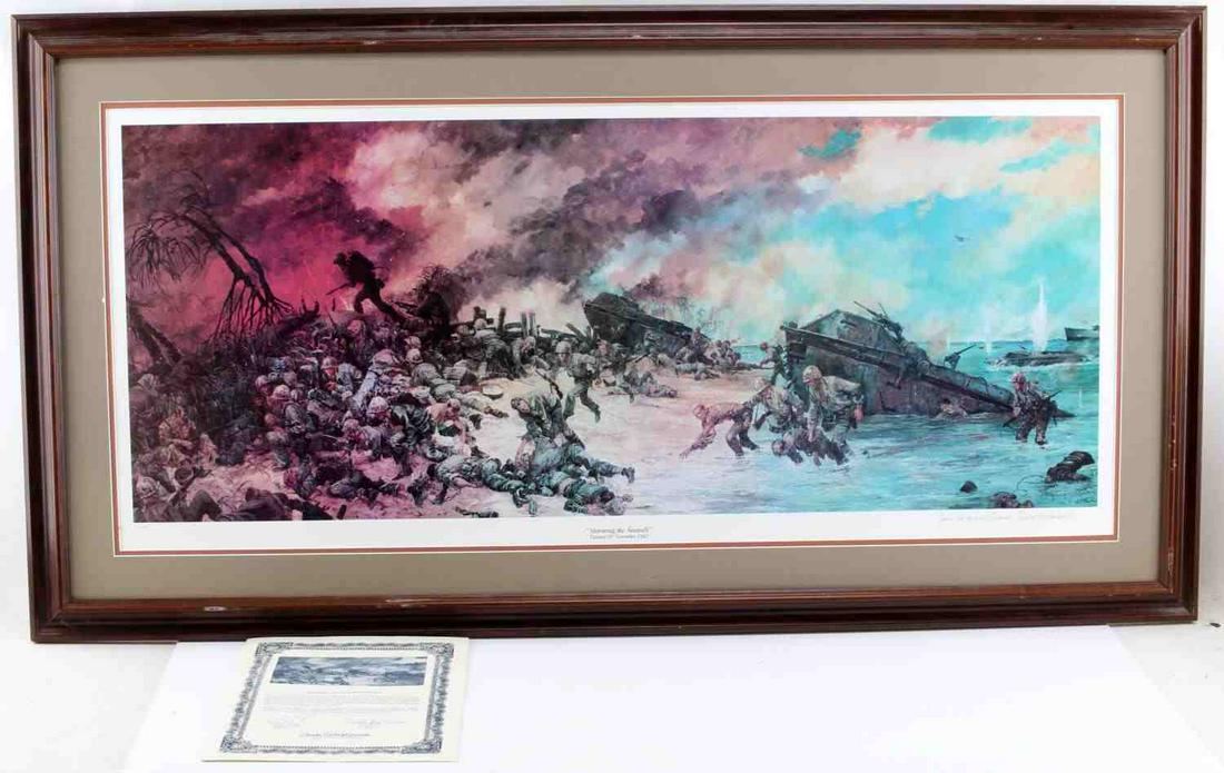 US WWII STORMING THE SEAWALL POSTER COA: Limited edition lithograph by Colonel Charles H. Waterhouse, USMCR (Retired), former Artist in Residence for the United States Marine Corps, depicting heroic battle on Tarawa Island in 1943. Print mea