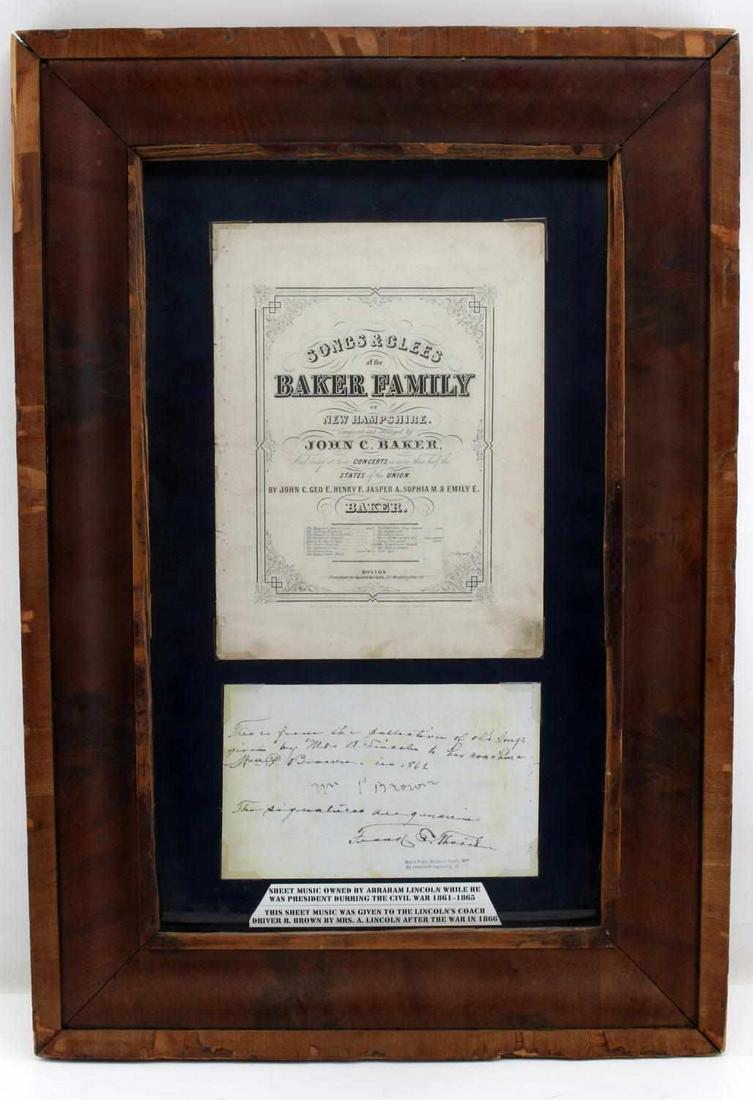 US CIVIL WAR ERA SHEET MUSIC ABRAHAM LINCOLN: Sheet music owned by Abraham Lincoln's family while he lived in the White House between 1861 to 1865, and given illegally by Mrs. Lincoln to her Coachman, R. Brown, in 1866. The cover page of the shee